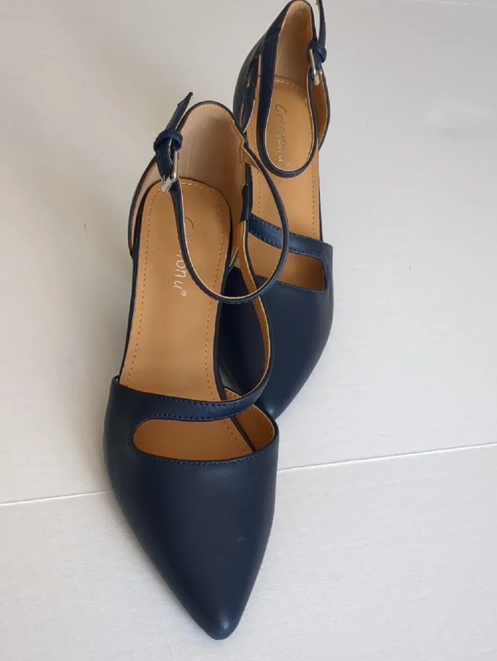 Strappy Pointed-Toe Ankle-Strap Heels in Navy